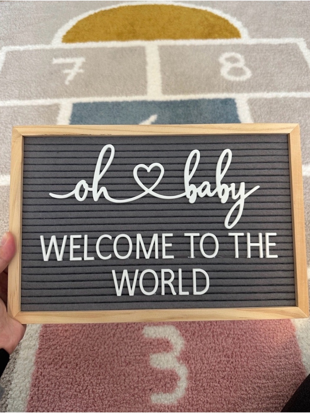 Oh Baby Gray Felt Letter Board with Natural Wood Frame - Welcome to the World